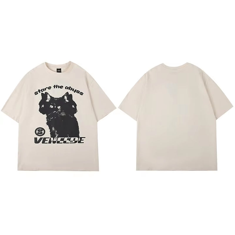 2025 New Streetwear Tshirt Hydra Cat Graphic T Shirt Men Cotton T-Shirt Hip Hop Loose Tops Tees Summer Short Sleeve Black White