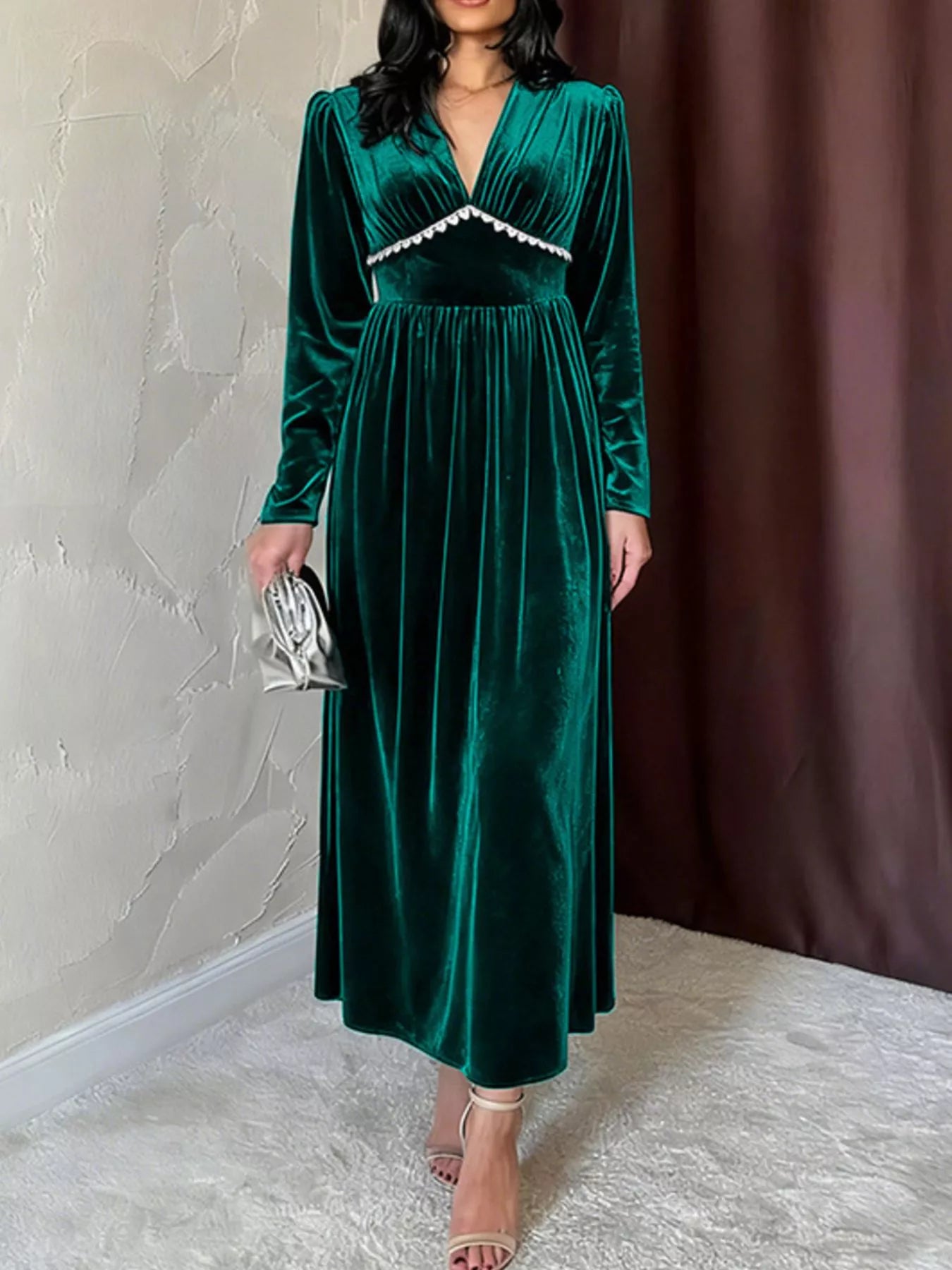 ArtsCloths Velvet V-Neck Long Sleeve Maxi Dress – Elegant Evening & Party Wear