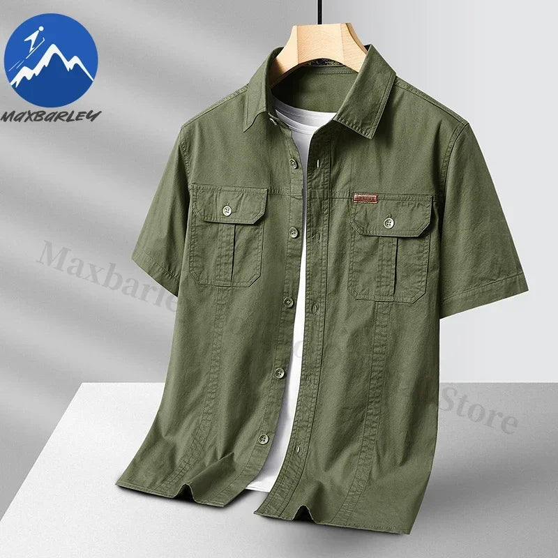 Summer Short Sleeve Shirt Men 100 Cotton Refreshing Breathable Sweat Absorbing Shirt Climbing Work Clothes Pocket Fishing Shirt Maxbarley To Tao Official Store