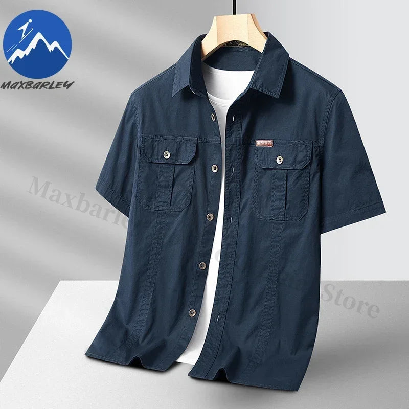 Summer Short Sleeve Shirt Men 100 Cotton Refreshing Breathable Sweat Absorbing Shirt Climbing Work Clothes Pocket Fishing Shirt Maxbarley To Tao Official Store